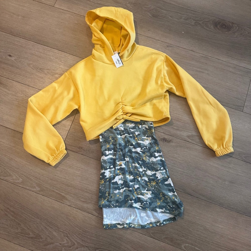 One Step Up Girls Yellow Cropped Hoodie Camo Dress Set Size M 10/12 NWT